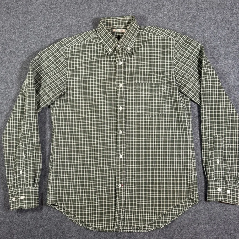 Gustin Mens Green White Plaid Button Down Shirt 100% Cotton Made in USA Size M